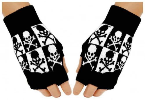 Fingerlose Handschuhe Schwarz Weiß Totenköpfe für Teens